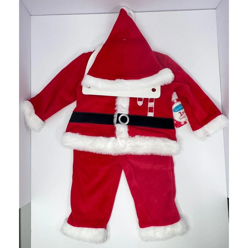 Bon Bebe Santa Set 6-9 Month Red Fleece Costume Christmas Holiday Outfit Hat NWT